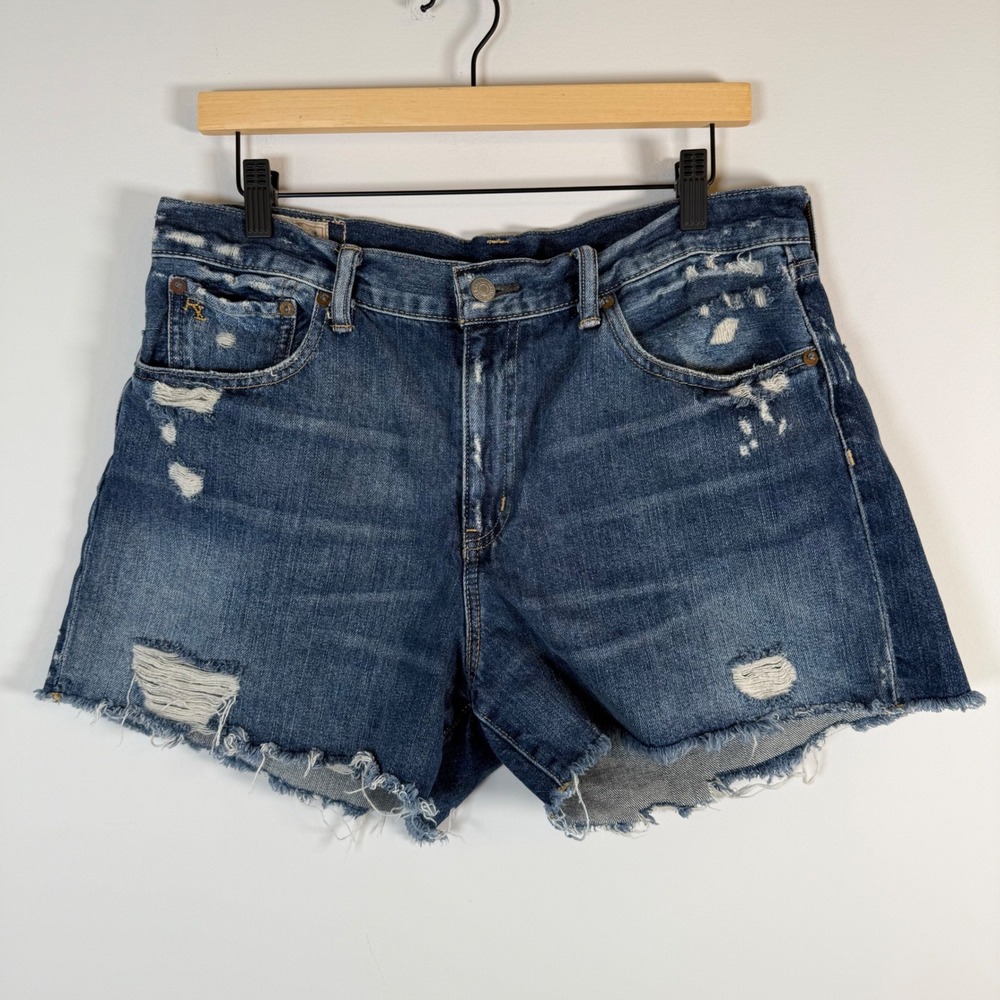 Polo Ralph Lauren Crosby Short Denim Blue Jean Shorts Size 30 Distressed Raw Hem